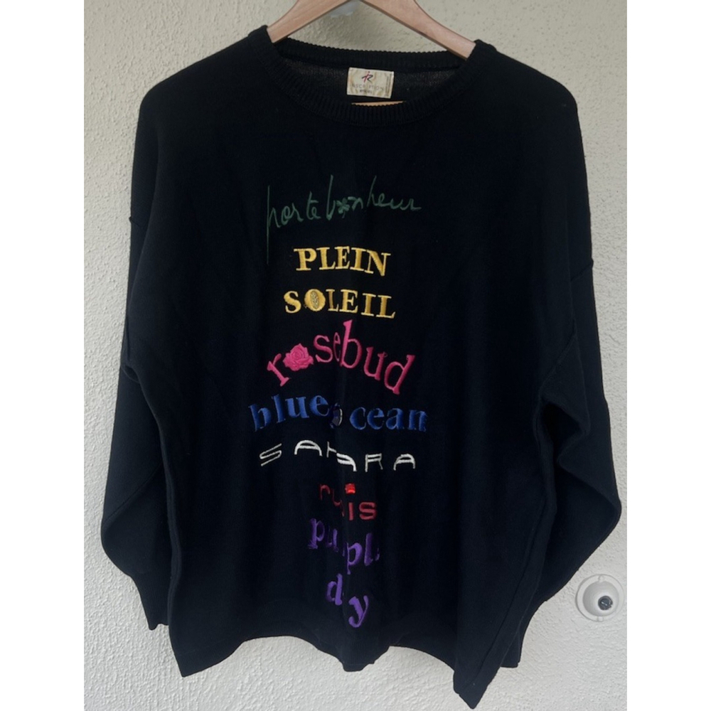 VTG Sonia Rykiel Inscription Wool Sweater Colorful Embroidered Knit Italy M
